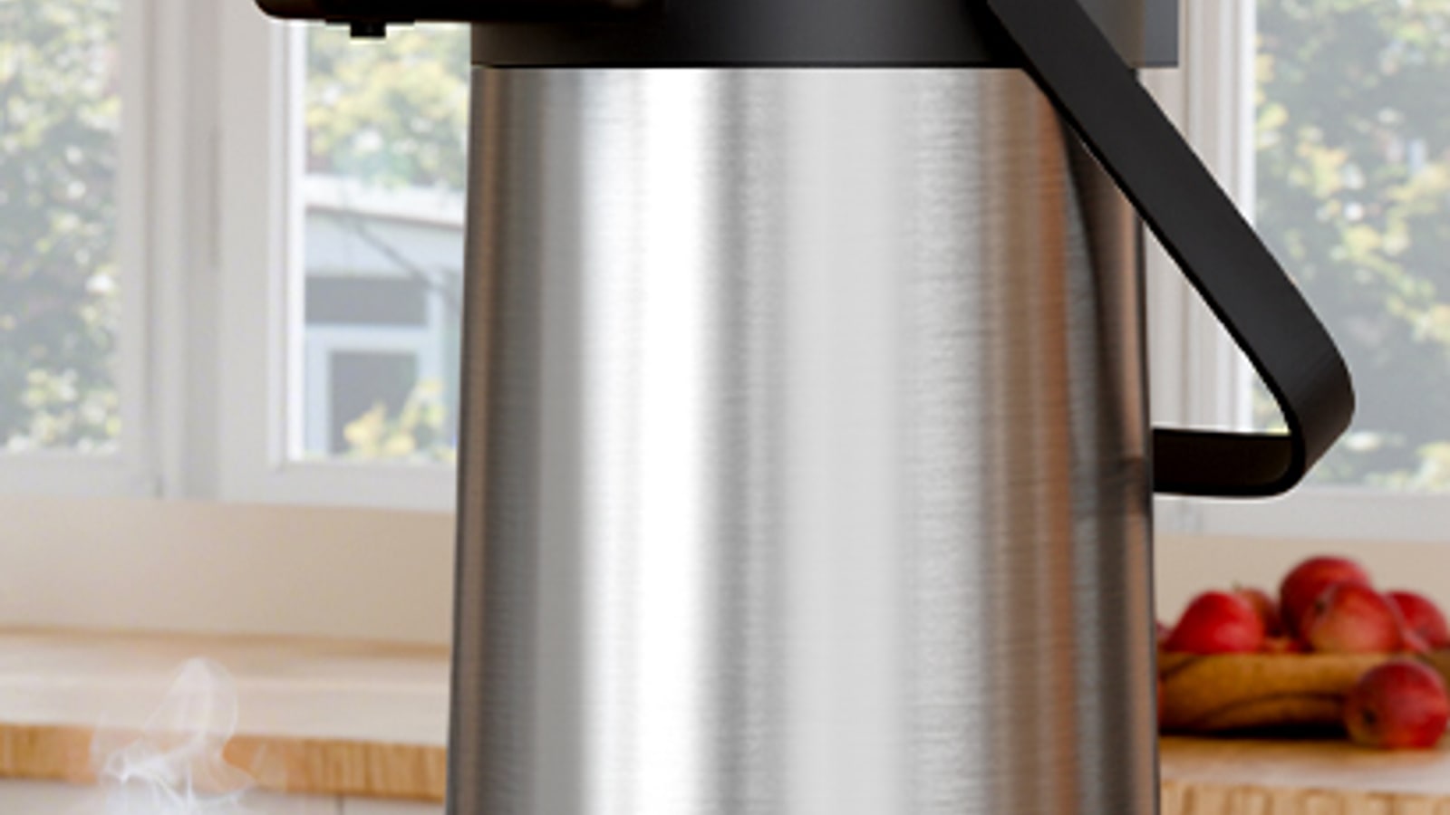 Gezoss Airpot Coffee Carafe in a bright morning kitchen with coffee and breakfast