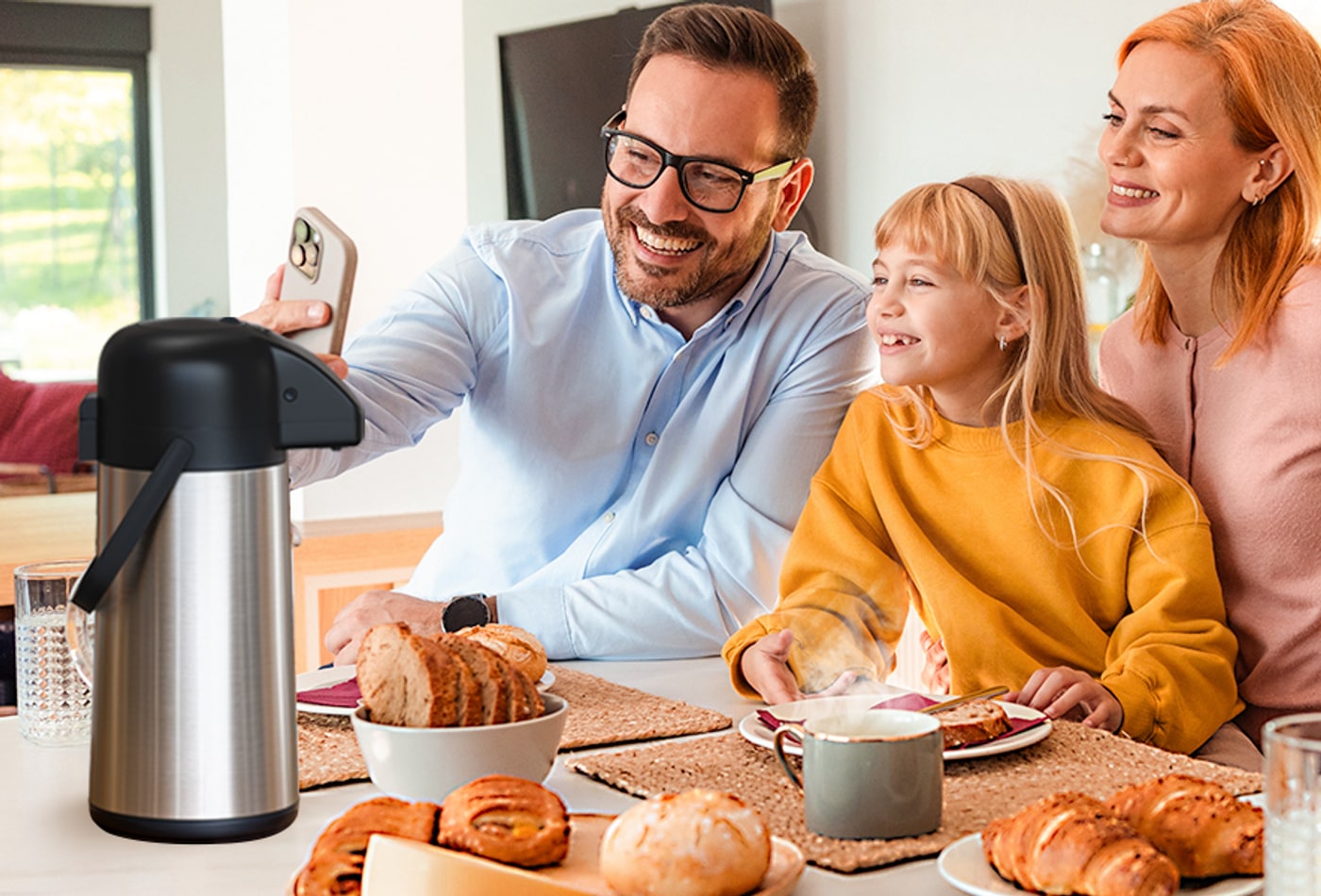Gezoss Airpot Coffee Carafe in a warm morning kitchen scene