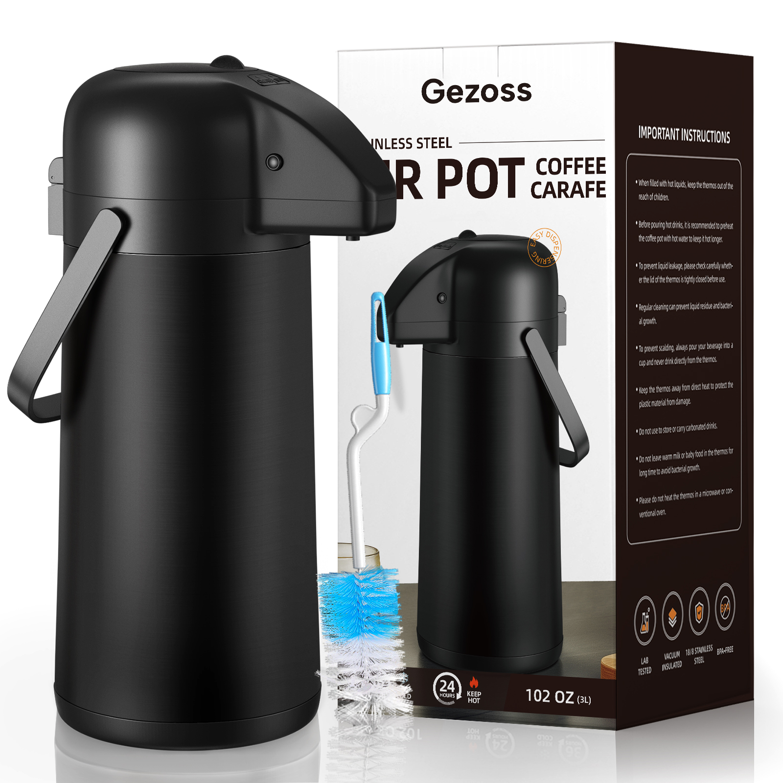 Gezoss 102 oz Matte Black Airpot Coffee Carafe with cleaning brush and box packaging