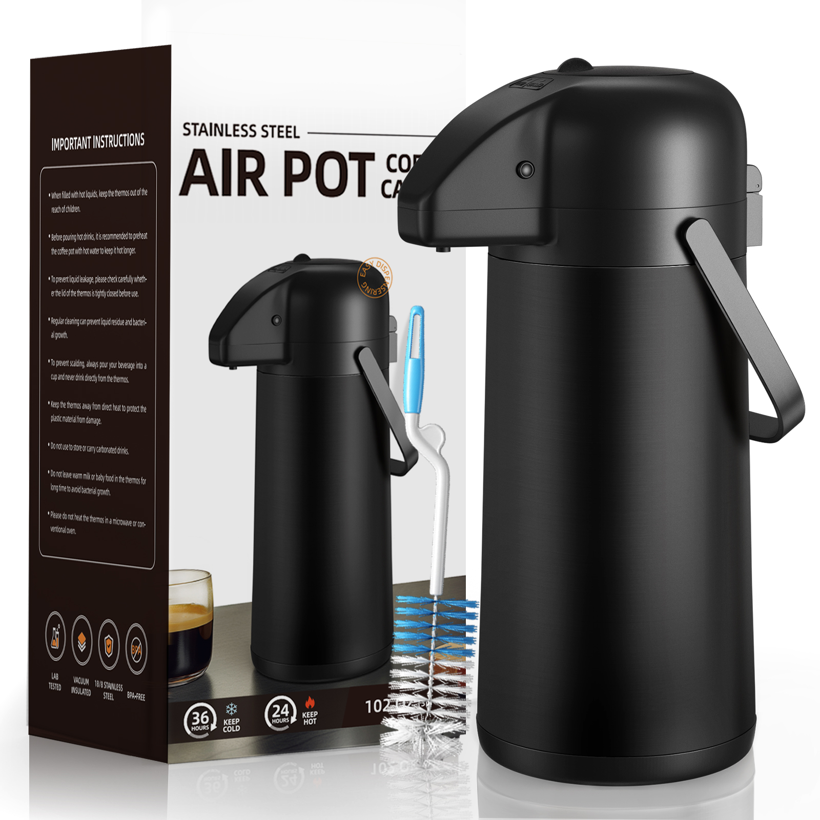 Gezoss 102 oz Matte Black Airpot with box packaging and cleaning brush