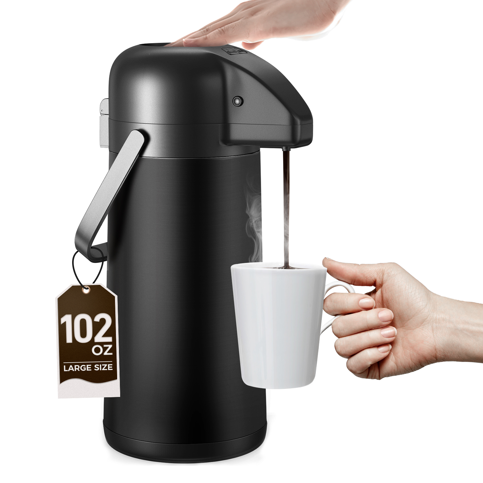Gezoss 102 oz Matte Black Airpot pouring coffee into a white mug