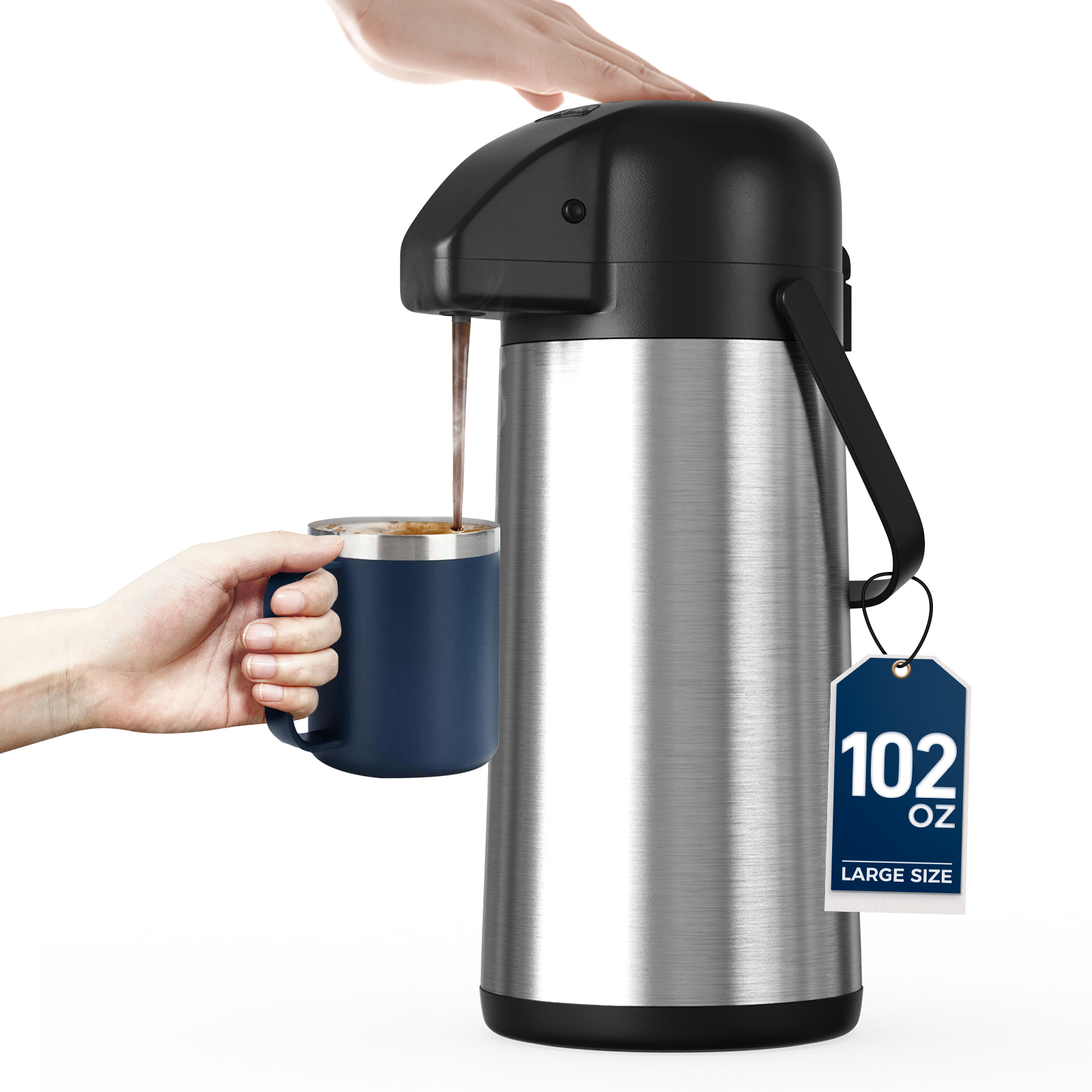 Gezoss 102 oz Stainless Steel Airpot Coffee Carafe pouring coffee into a mug