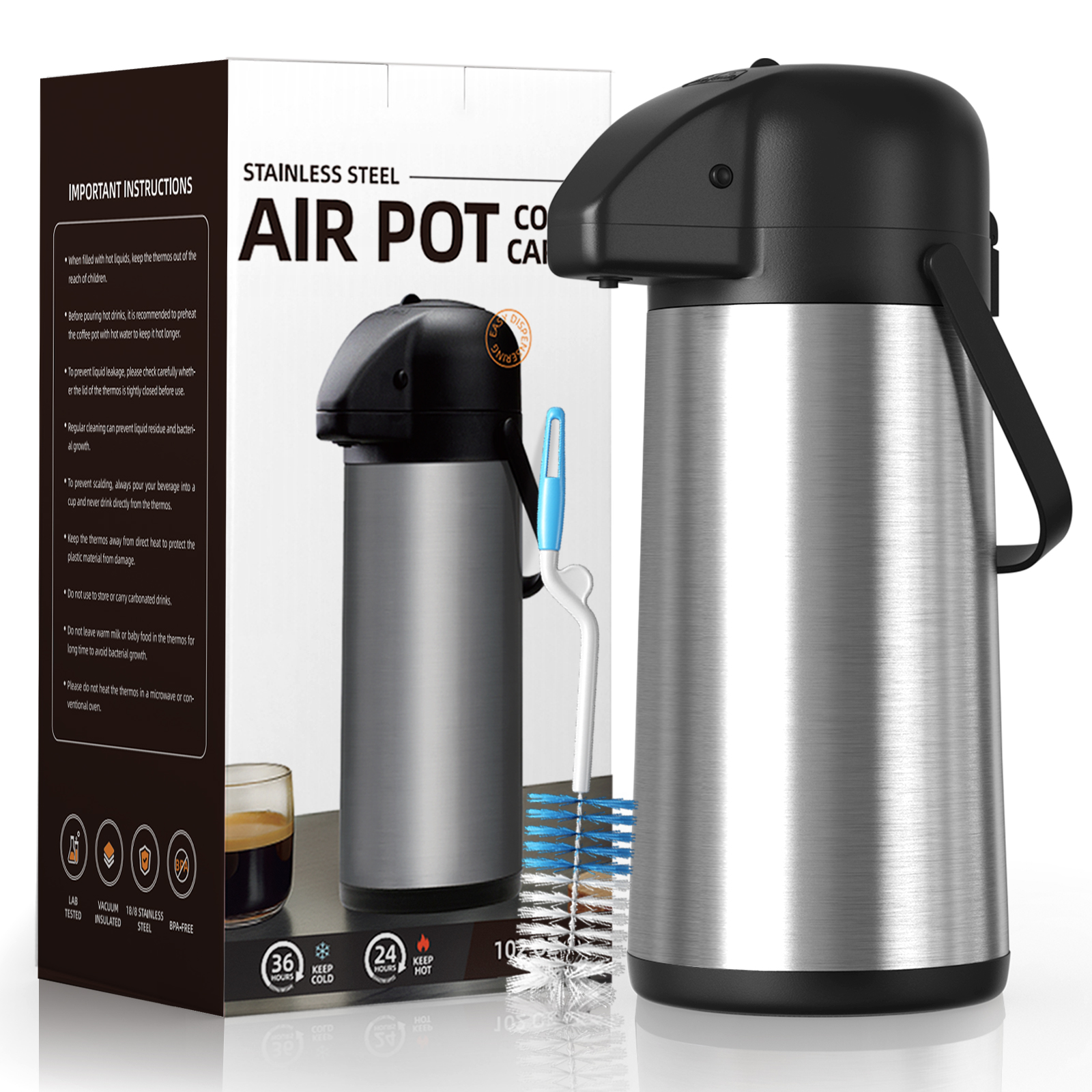 Gezoss 102 oz Stainless Airpot with box packaging and cleaning brush