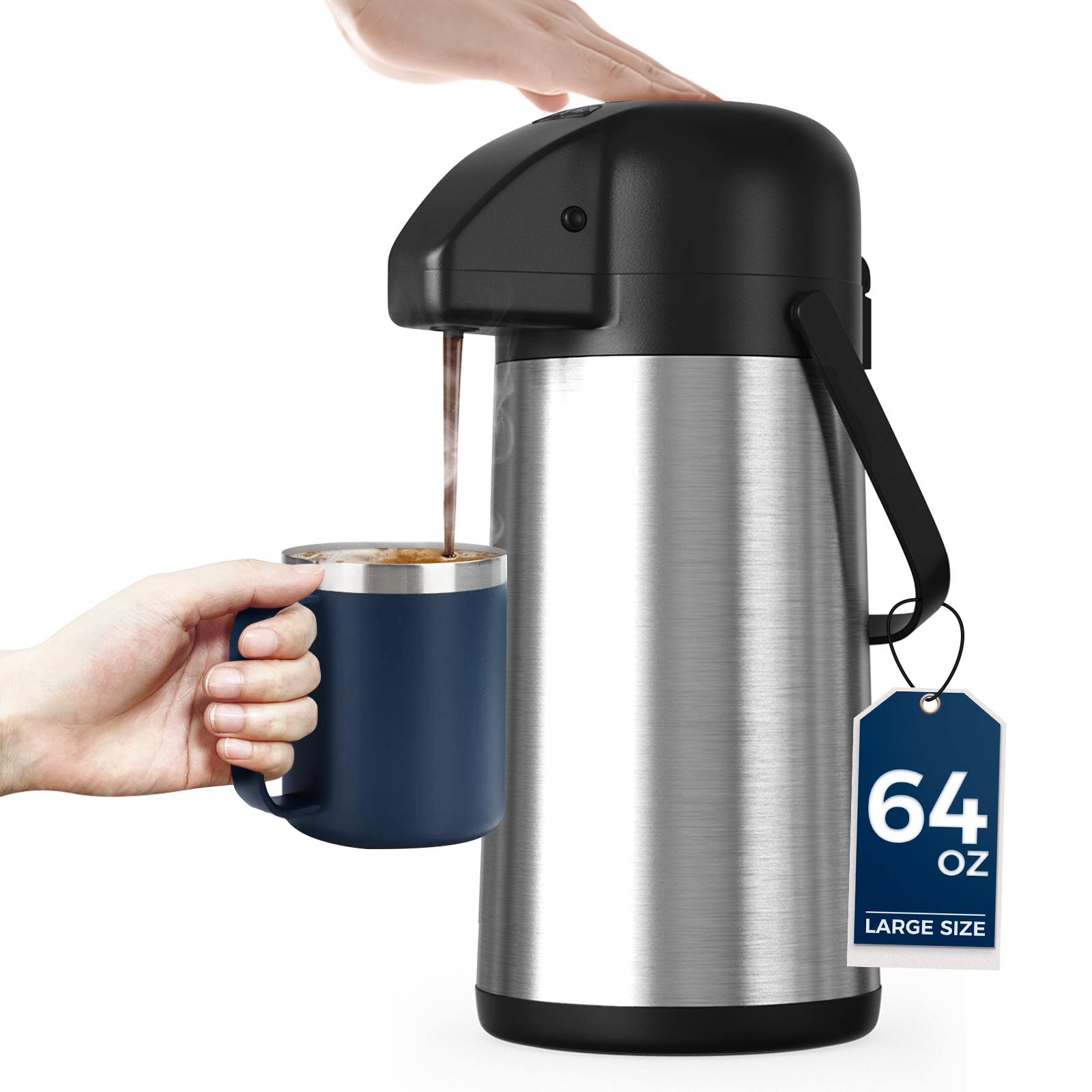 Gezoss 64 oz Stainless Steel Airpot Coffee Carafe pouring coffee into a mug