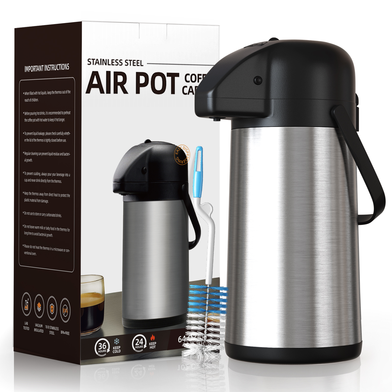 Gezoss 64 oz Stainless Steel Airpot with box packaging and cleaning brush