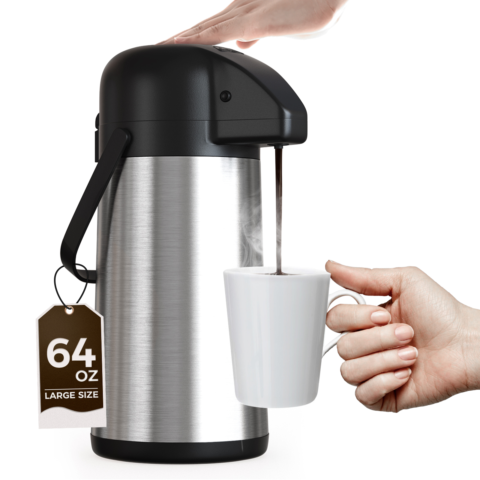 Gezoss 64 oz Stainless Steel Airpot pouring coffee into a white mug