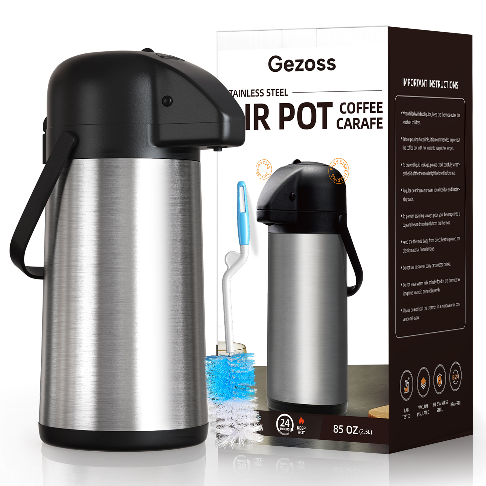 Gezoss 85 oz Stainless Steel Airpot Coffee Carafe with cleaning brush and box packaging