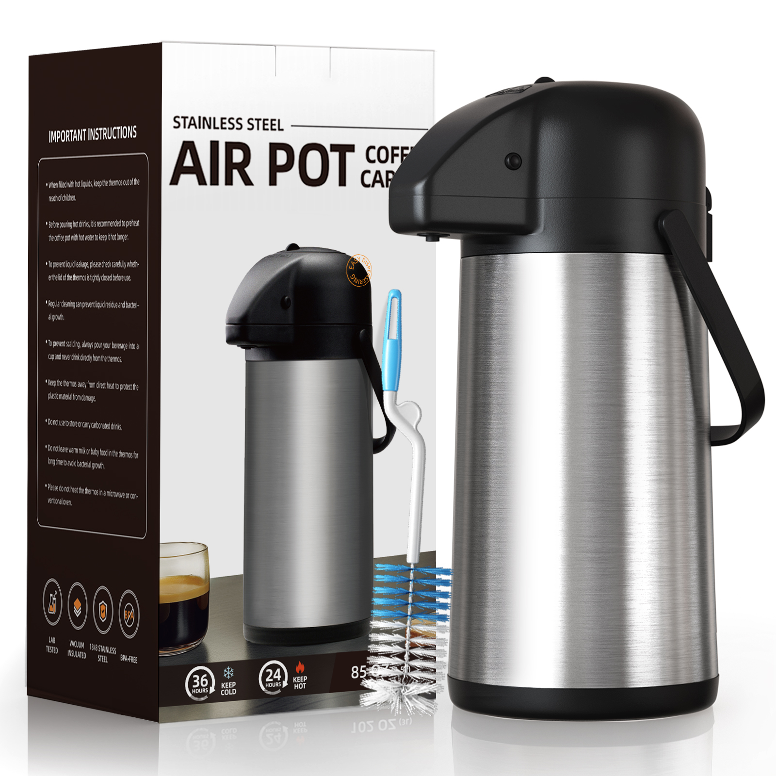 Gezoss 85 oz Stainless Steel Airpot with box packaging and cleaning brush