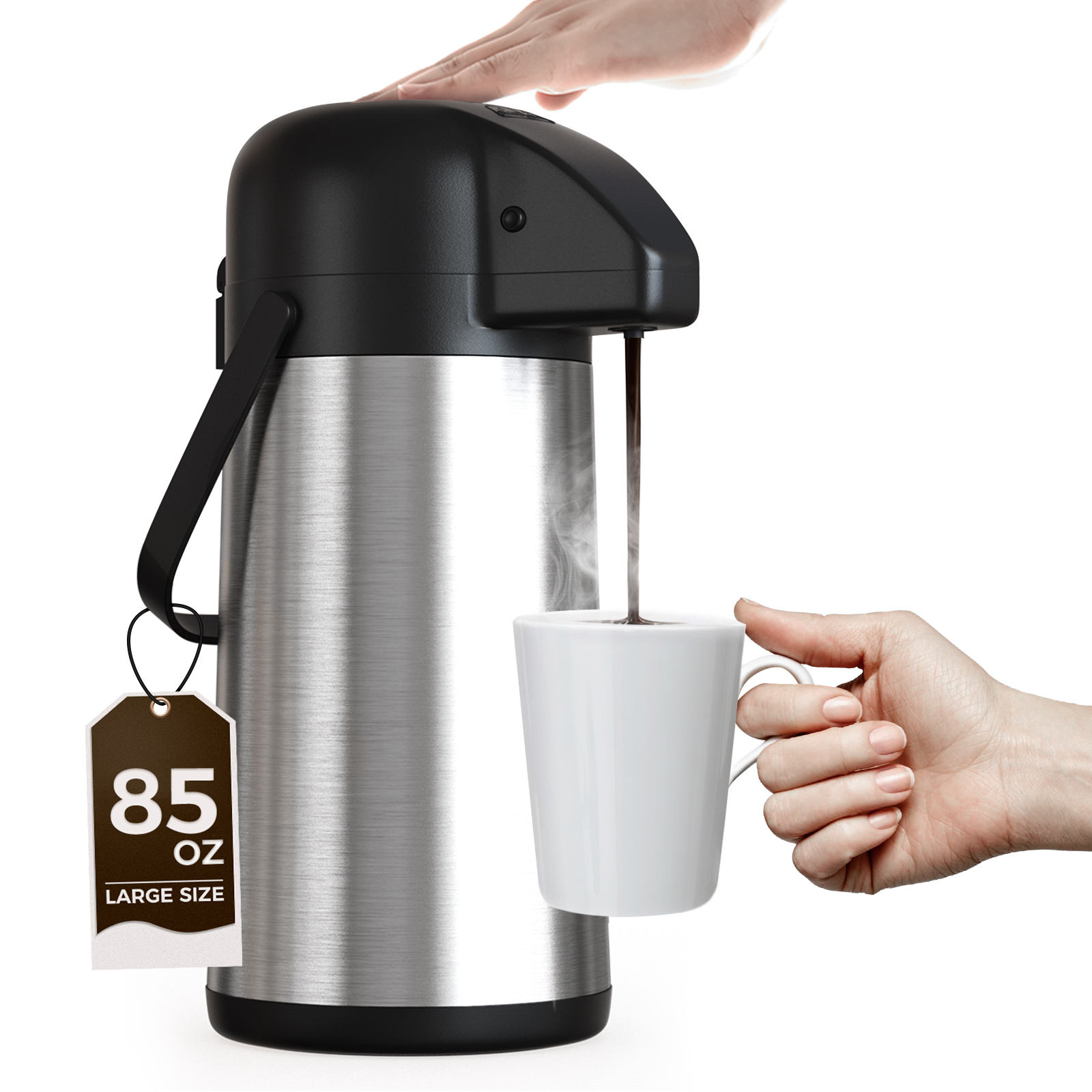Gezoss 85 oz Stainless Steel Airpot pouring coffee into a white mug
